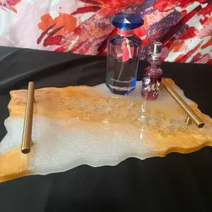 Elegant Gold & White Resin Vanity Tray with Gold Handles