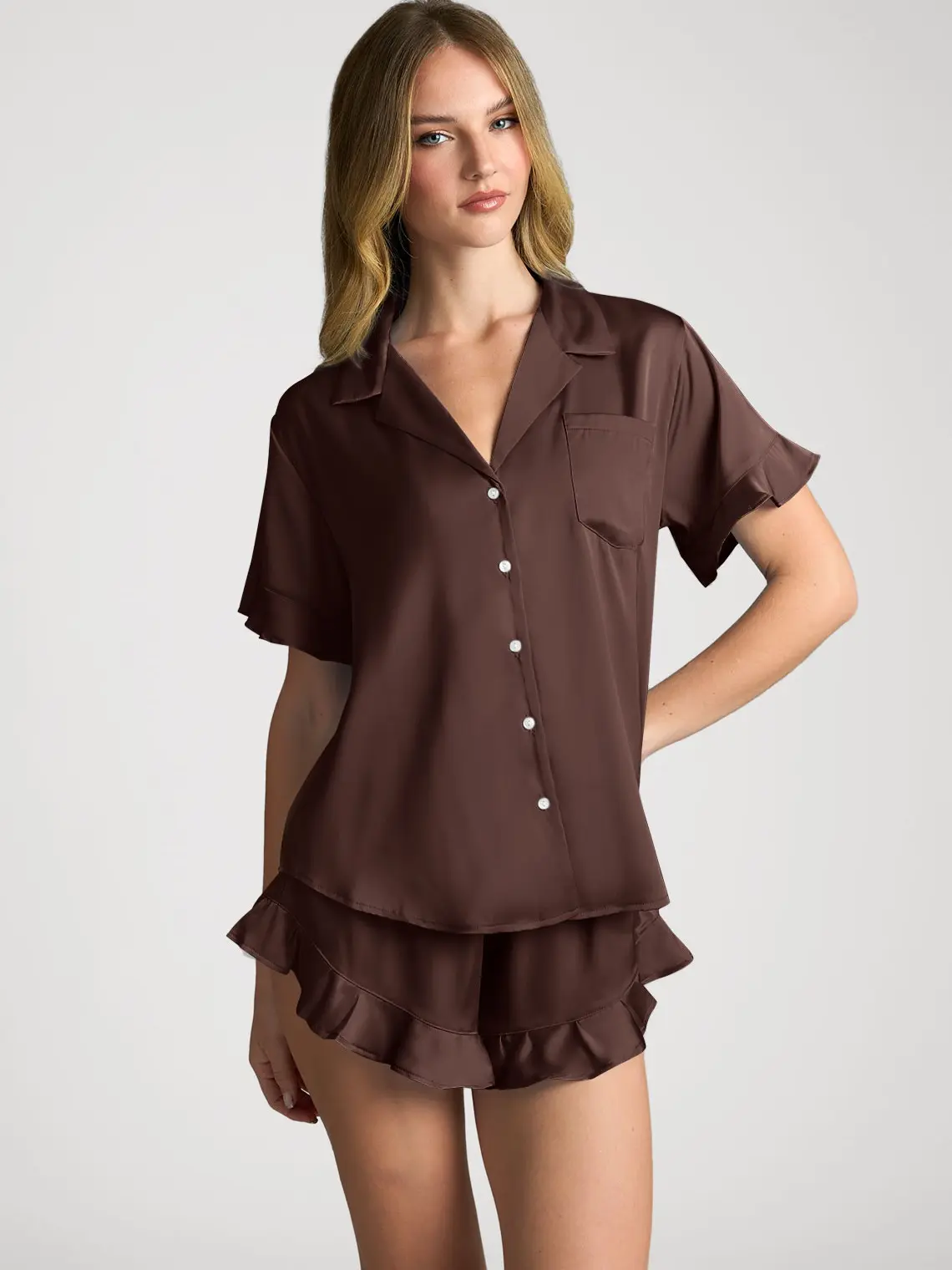 Azazie Ruffled Short Sleeve Button-Up Matching Satin Pajama Set, Nightwear, Women