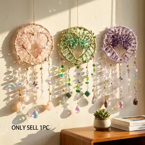 DREAMSUM Heart Shaped Tree of Life Suncatcher - Handmade Copper Wire Wrapped Rainbow Maker, Boho Decor, Aesthetic Hanging Crystal Decoration for Home, Office, Window, Garden - Unique Birthday Gift for Women