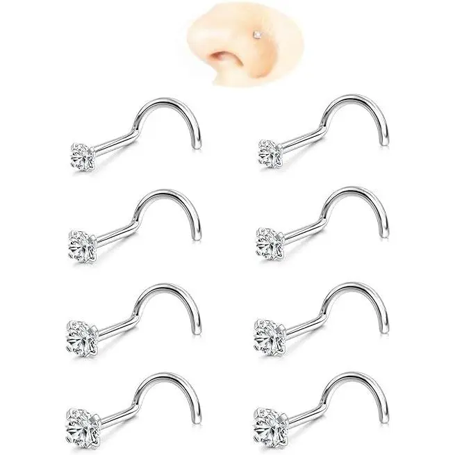 8Pcs 20G-18G 316L Surgical Stainless Steel Nose Studs, Hypoallergenic Gold/Silver Corkscrew Piercing Jewelry for Women, 1.5mm-3mm Clear Cubic Zirconia Imitation Diamond Tops