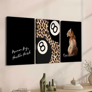 3pc-Modern Wall Art, Leopard 8 Ball Dream Big Hustle Hard Triptych Poster, Luxury Leopard Print Style Printing, Leopard Print Pattern, Black Brown Tone Canvas Decoration, Living Room & Office Aesthetic, Perfect Housewarming Gift, Framed.
