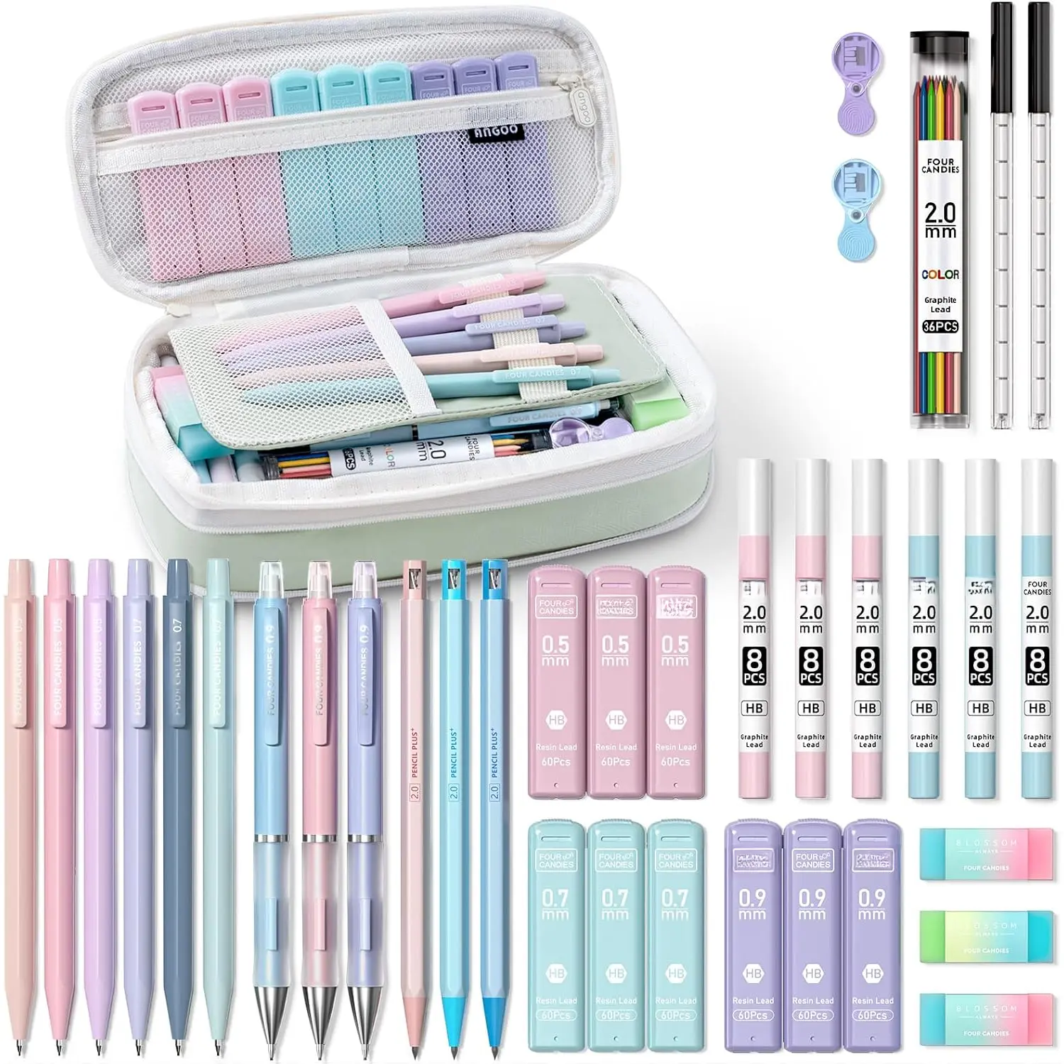 36 count Aesthetic School Supplies, Mechanical Pencil Set 0.5mm, 0.7mm, 0.9mm & 2.0mm with 624 Lead Refills,  to School Supplies for Writing & Drawing, Ideal Stationary Set  (Green)