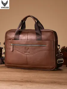 Vincess Men's Genuine Leather Briefcase, Cowhide Handbag, Multifunctional Backpack, Fashion Casual Shoulder Bag, Large Capacity Laptop Bag