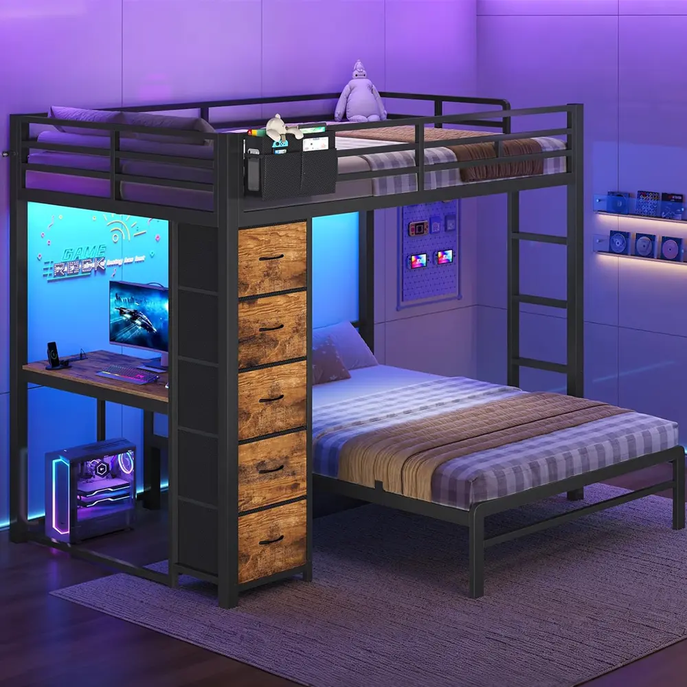 Sikaic Full Over Full Bunk Bed with Desk, 5 Storage Drawers, Charging Station & LED Lights, Full Size Bunk Beds with Safety Guardrail for Kids, Teens and Adults, Rustic Brown, Home Furniture, Dorm Essentials [tiktokshopbacktoschool]