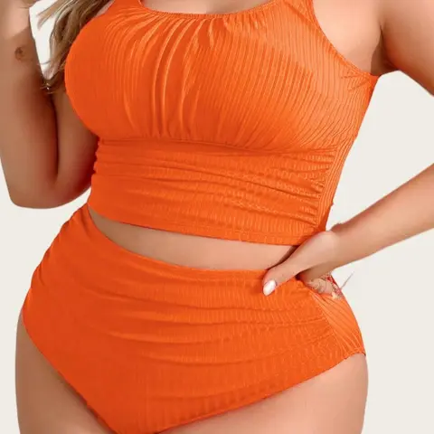 Women's Fashion Solid Color High-Waisted Swimwear Set, Fitted Plus Size Swimsuit with Gathered Bust, Casual All Seasons Beachwear, Tankini Swimsuits, Tankini Swimsuits Sets