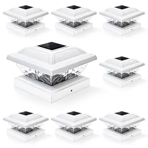 【Spring Glow Up】White Low Voltage Solar Powered Integrated LED Fence Post Cap Light 3.5 In. X 3.5 In. with Base Adapter Included Pack (Set of 8)