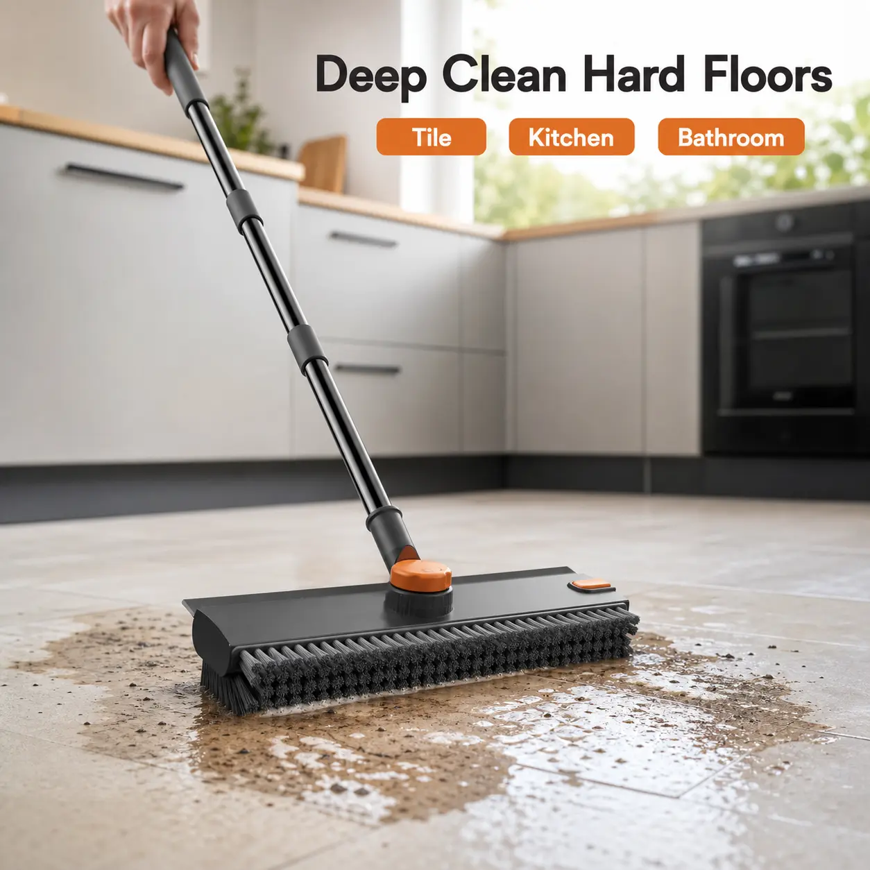 Sturdy 3-in-1 Long Handle Floor Scrub Brush with Squeegee, Collapsible Adjustable Stainless Steel Pole, Polypropylene Bristles, for Laminate Tile Bathroom Garage Cleaning Supplies
