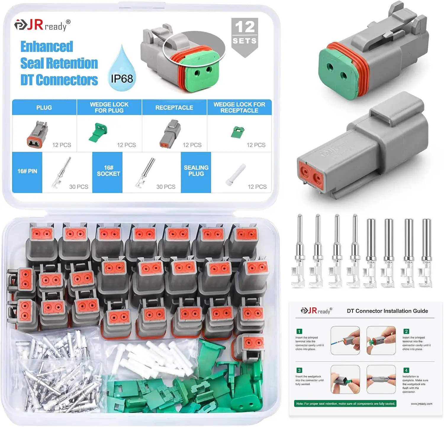 2 Pin Deutsch DT Connector Kit 12 Sets, Gray Waterproof Automotive Electrical Wire Connectors with Size 16 Stamped Contacts 14-18 AWG, Wedgelocks and Seal Plugs for Car Truck Marine Wiring