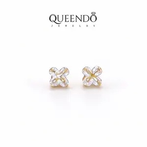 QUEENDO Clover Flower 5A Zircon Stud Earrings, Real Gold Plated, For Prom, Party & Summer Events