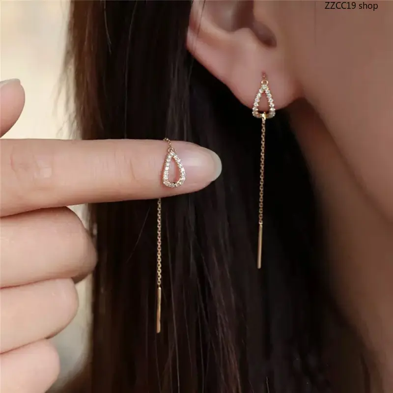 Dainty Teardrop Threader Earrings for Women, Long Rhinestone Copper Chain with Neck-Lengthening Bling Effect, Pull-Through Fashion Drop Earrings in Gold Finish, Face Slimming