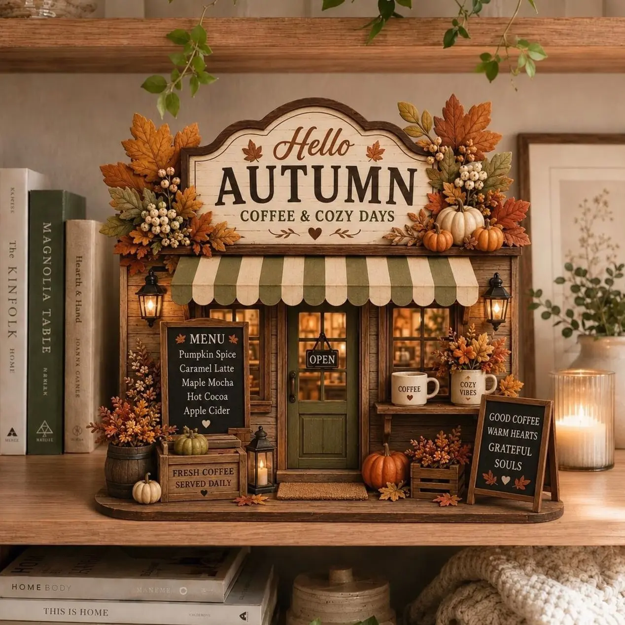 Autumn Coffee Shop Shelf Sitter Wooden Block , Fall Farmhouse Coffee Bar Decor, Rustic Pumpkin Wooden Storefront Sign