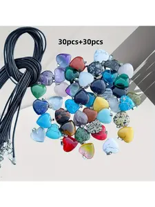 60pcs Set, Random Multi-Color Imitation Gemstone Heart-Shaped Pendant Necklace, Black Necklace - Ideal Choice for DIY Jewelry And Daily Accessories - Perfect Holiday Gift