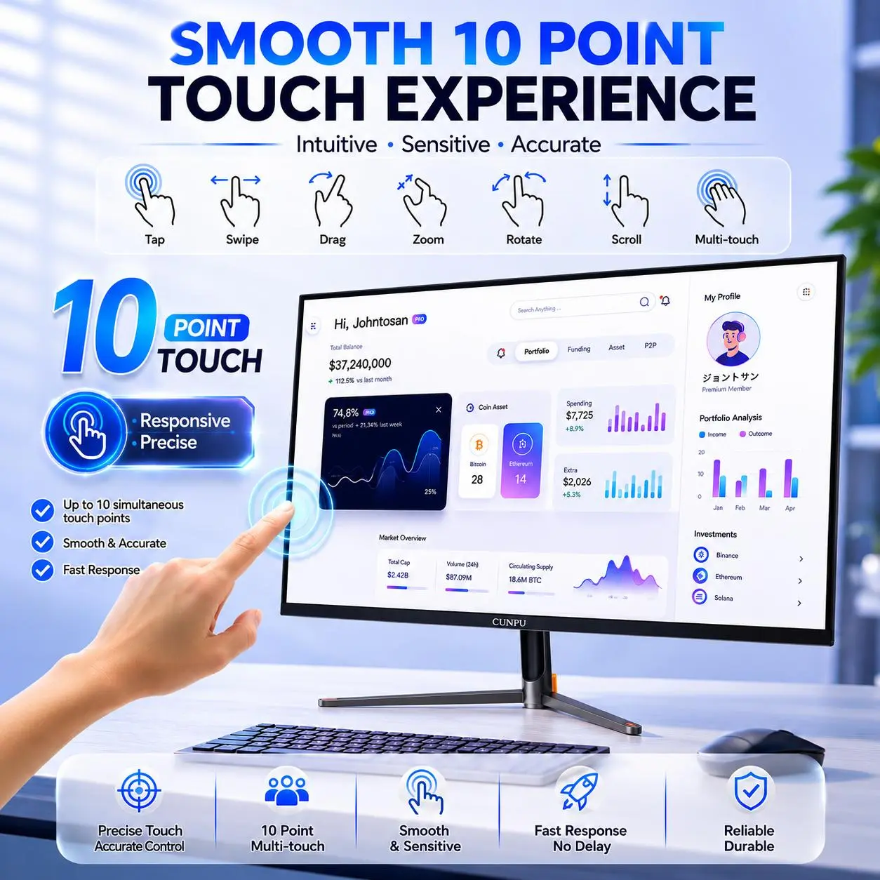 CUNPU 24'' FHD 1080P IPS Sensitive Accurate Intuitive 10-Point Touchscreen Computer Monitor, 75Hz Refresh Rate, HDMI/VGA/USB Connectivity, for PC Office Desktop Workstation (G24FI07-X)
