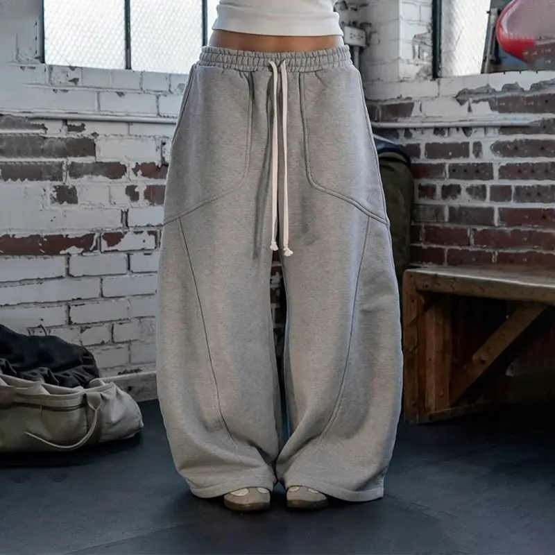 Men's Oversized Curved Sweat Pants Grey Streetwear Baggy Casual Wide Leg Trousers