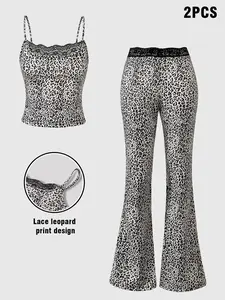 Leopard Print Two-Piece Set: Lace Trim Cami and Flared Pants! Y2K style, fashionable lace details, comfortable and stylish, perfect for everyday or night out outfits 🔥 #LeopardPrintOutfit #TwoPieceSet #Y2KStyle #LaceDetails #FashionOutfit