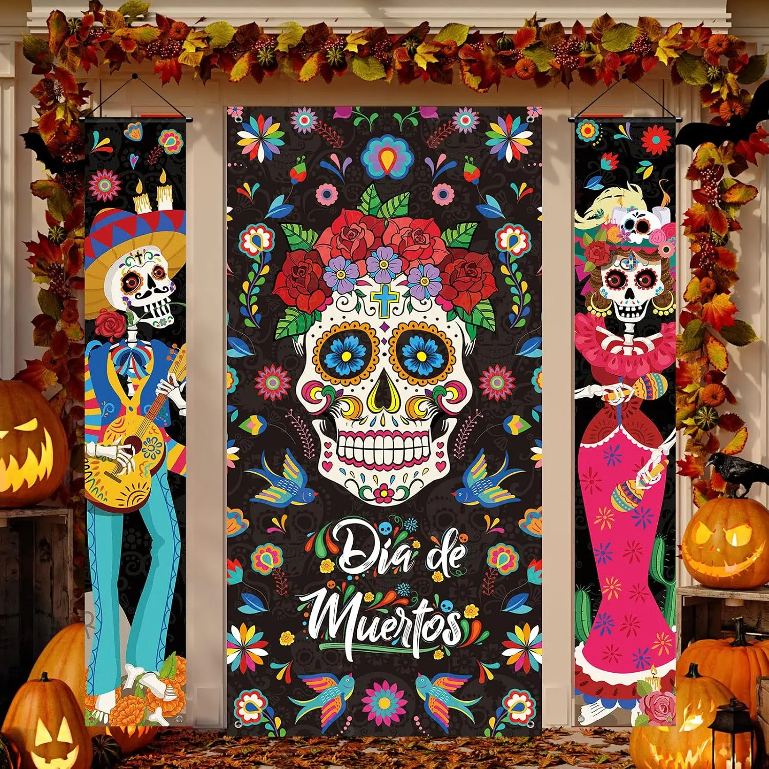 Day of the Dead Sugar Skull Porch Banner Set, Large Mexican Dia De Los Muertos Party Door Hanging Banner Decorations for Halloween Home Party Decoration Outdoor Indoor Decor