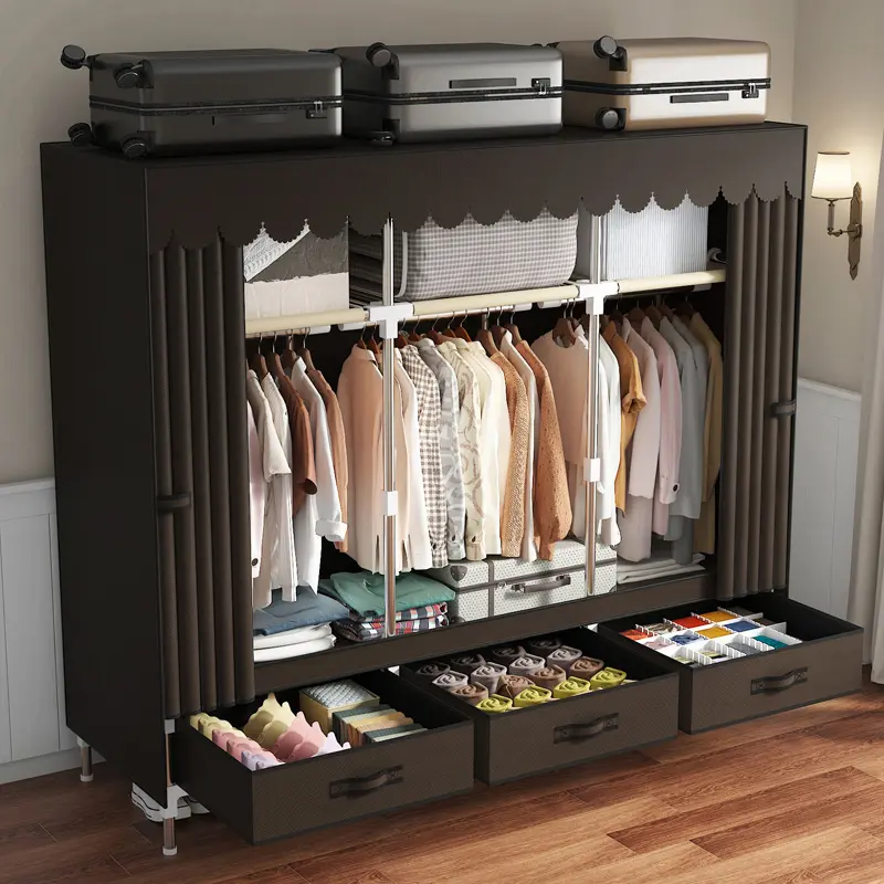 LEAIJIAFY Simple Dustproof Stable Durable Wardrobe Storage with Three Foldable Areas Three Hanging Areas & Three Drawers for Bedroom Dormitory Rental House Folding Stackable Closet Organizer Modern Armoire Wardrobe Folding Plastic Wardrobe, Versatile