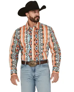 Wrangler Men's Checotah Southwestern Striped Long Sleeve Pearl Snap Western - 112365887