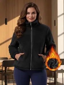 Women's Plus Size Fall Winter Polar Fleece Lapel Zipper Coat, Portable Pockets, Soft Warm Insulated, Casual Daily Wear Top