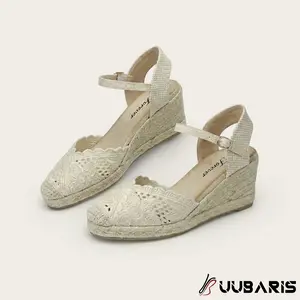 UUBARIS Lace Espadrille Wedge Sandals - Ankle Strap Closed Toe Heels , Bohemian Beige Summer Wedges