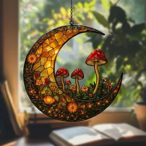 Enchanted Crescent Moon Suncatcher With Mushrooms And Flowers, Acrylic Hanging Art For Fairycore And Cottagecore Room Decor, Mystical Nature Design Window Accent, Light Catching Fantasy Home Art, Ideal Gift For Dreamers And Nature Lovers