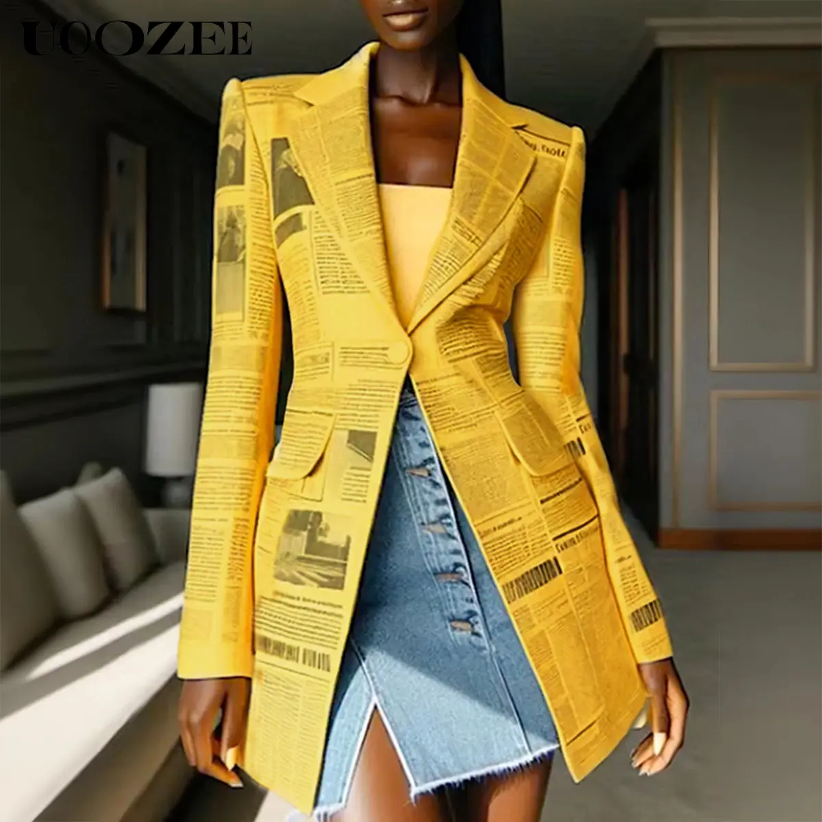 UOOZEE Women's Newspaper Print Blazer, Elegant Casual Slim Fit Long Sleeve Button-Front Top with Notched Collar and Pockets for Office, Thin, Polyester, Buttons, Office Work Clothes, Fitted, Full Sleeves, Minimalist, Lady, Runs Small, Flatters Thin Types,