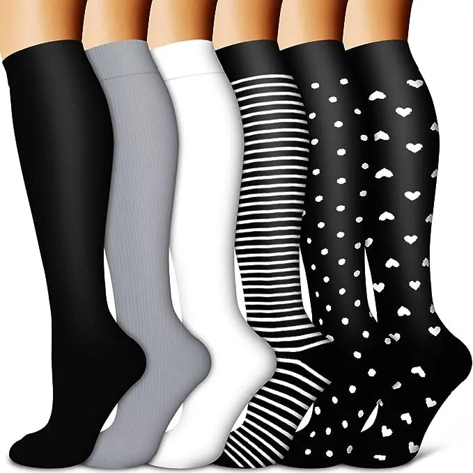 MhzyCaus Women's 6-Pair Polka Dot Compression Socks, Anti-Odor, Anti-Slip, Comfortable, Calf Support for Sports Training, Workout