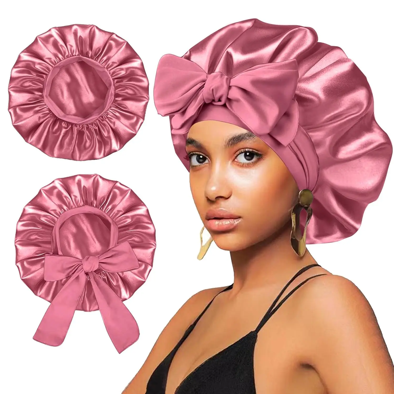 2 count Satin Silk Hair Bonnet for Sleeping Women,Large Bonnets with Elastic Wide Tie Band Silk Sleep Cap,Hair Wrap Night Cap with Adjustable Straps for Black Women  Curly Hair Bonnet Braid
