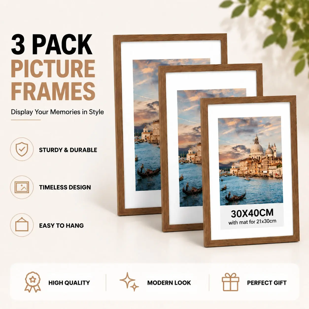 3 Pack Wooden Photo Frames Set (30x40cm/12x16in) - Modern Minimalist Casual, Lightweight, Shatter-Resistant Plexiglass, Engineered Wood, Horizontal/Vertical Wall Mount & Tabletop Display, Indoor Home Decoration for Living Room