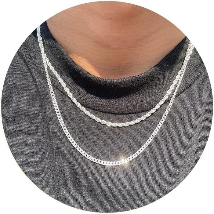 FREEKISS Trendy 2Pcs 3mm Chain Necklace For Men Layered Cuban Link Rope Necklaces Set Simple Jewelry Gift 18-28 Inches For Fashion Valentine's Day FallDealsForYou BlackFriday