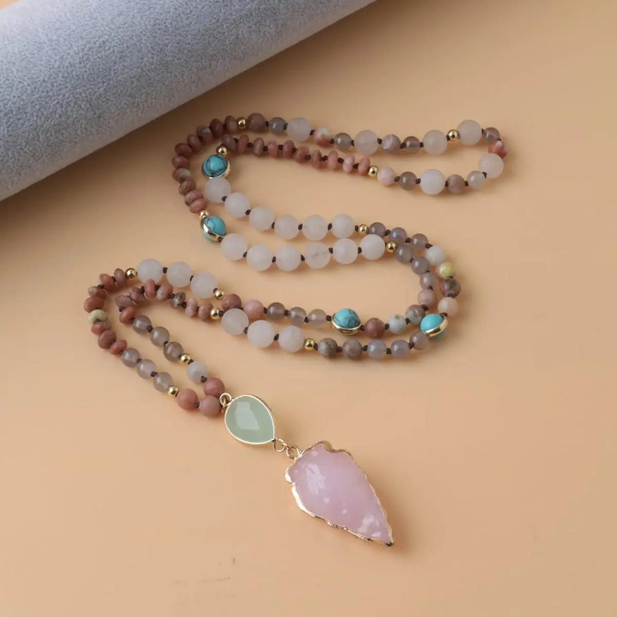 Women's Artisan Beaded Necklace - Handmade Natural Gemstone Pendant with Necklace, Rose Quartz Arrow, Green Aventurine, Aurora Crystals, Agate Charm for Abundance Attraction, Beaded Necklaces