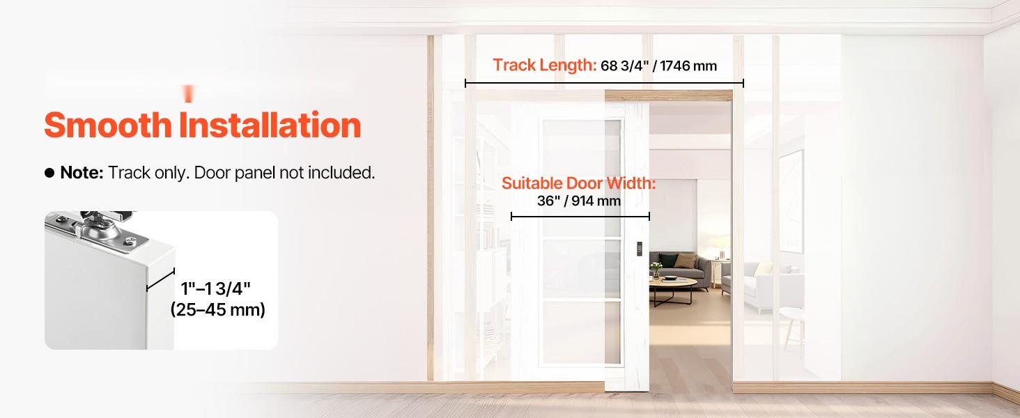 Sliding Pocket Door Hardware Track Kit, 68.74-Inch Track Kit With Soft-Close Mechanism For Smooth And Quiet Sliding, Easy To Install, Compatible With Doors 1 To 1-3/4-Inch Thick, 36-Inch Wide, Single Door System