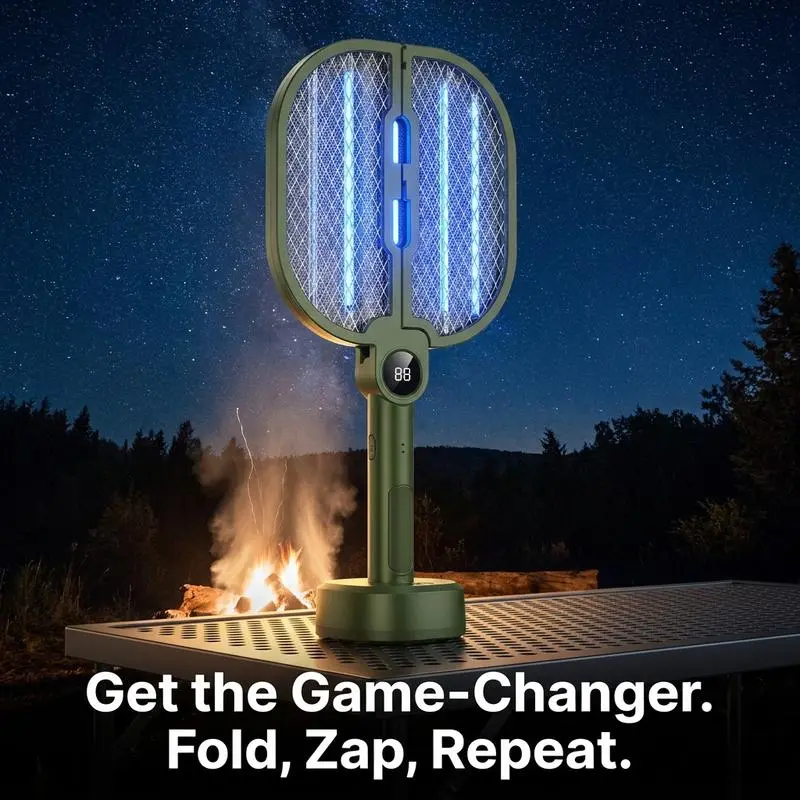 Foldable Electric Fly Swatter for Camping – Rechargeable USB-C Mosquito Racket, Portable Outdoor Bug Zapper for Travel & Home Use