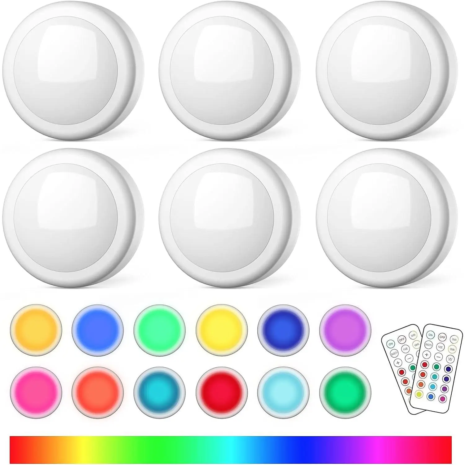 6-Pack Battery Powered RGB LED Puck Lights with Remote Control - 13 Color RGB, 3M Stick-On, Vinyl & Plastic Compatible, Indoor Lighting for Study, Closet, Batteries Included, Wireless Push Lights