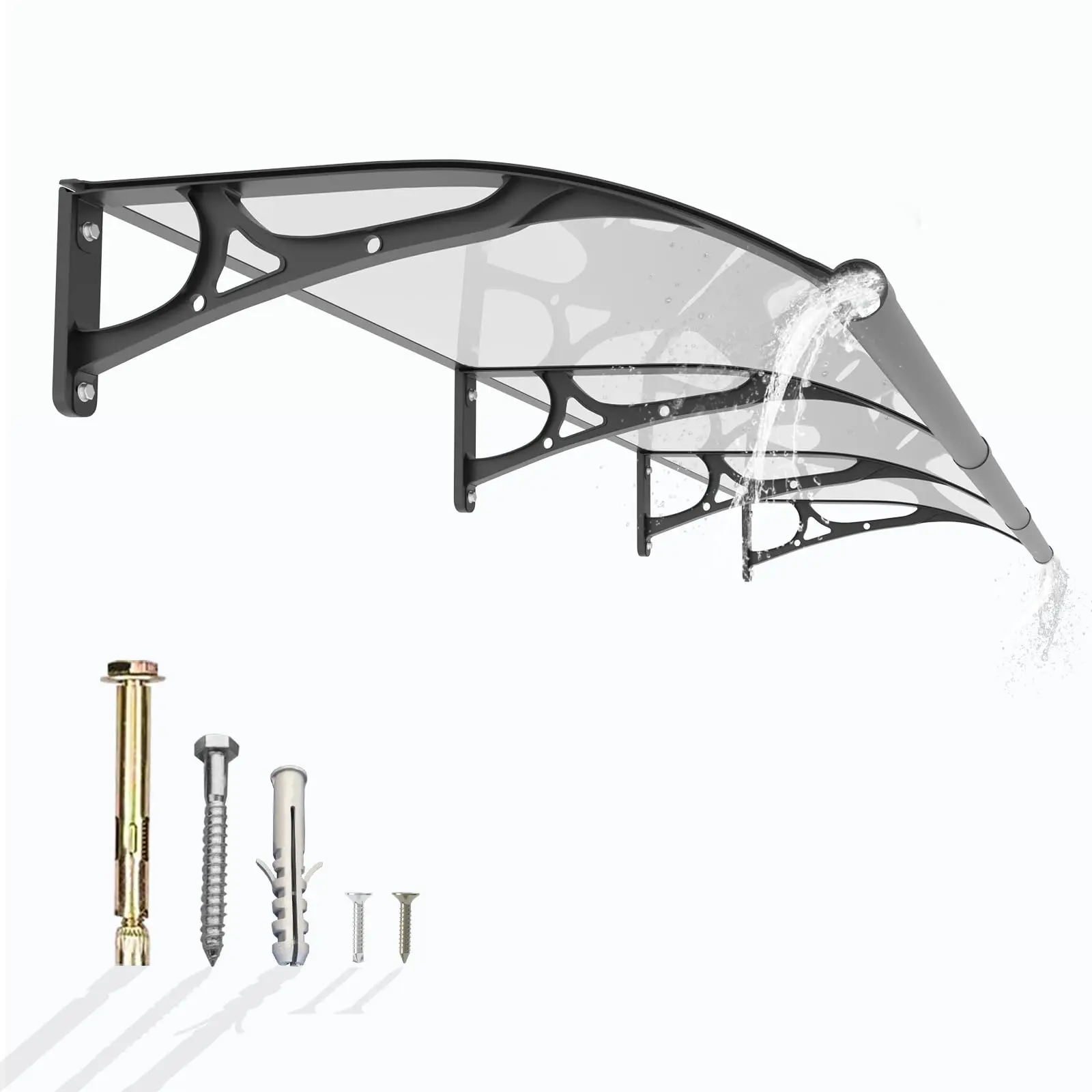 Outdoor Door Awning with Drainage Sink, Polycarbonate Window Canopy with Aluminum Bracket, All-Weather Porch Shelter for Rain, Snow & Sun
