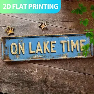 2D Flat, 1pc Vintage "ON LAKE TIME" Metal Wall Sign - Rustic Lake House Decor with Distressed Blue & Golden Lettering, Aged White Background - Durable Aluminum Farmhouse Kitchen Porch Cabin Wall Art, Pre-Drilled for Easy Hanging, 15.7x3.9 Inches - Unique