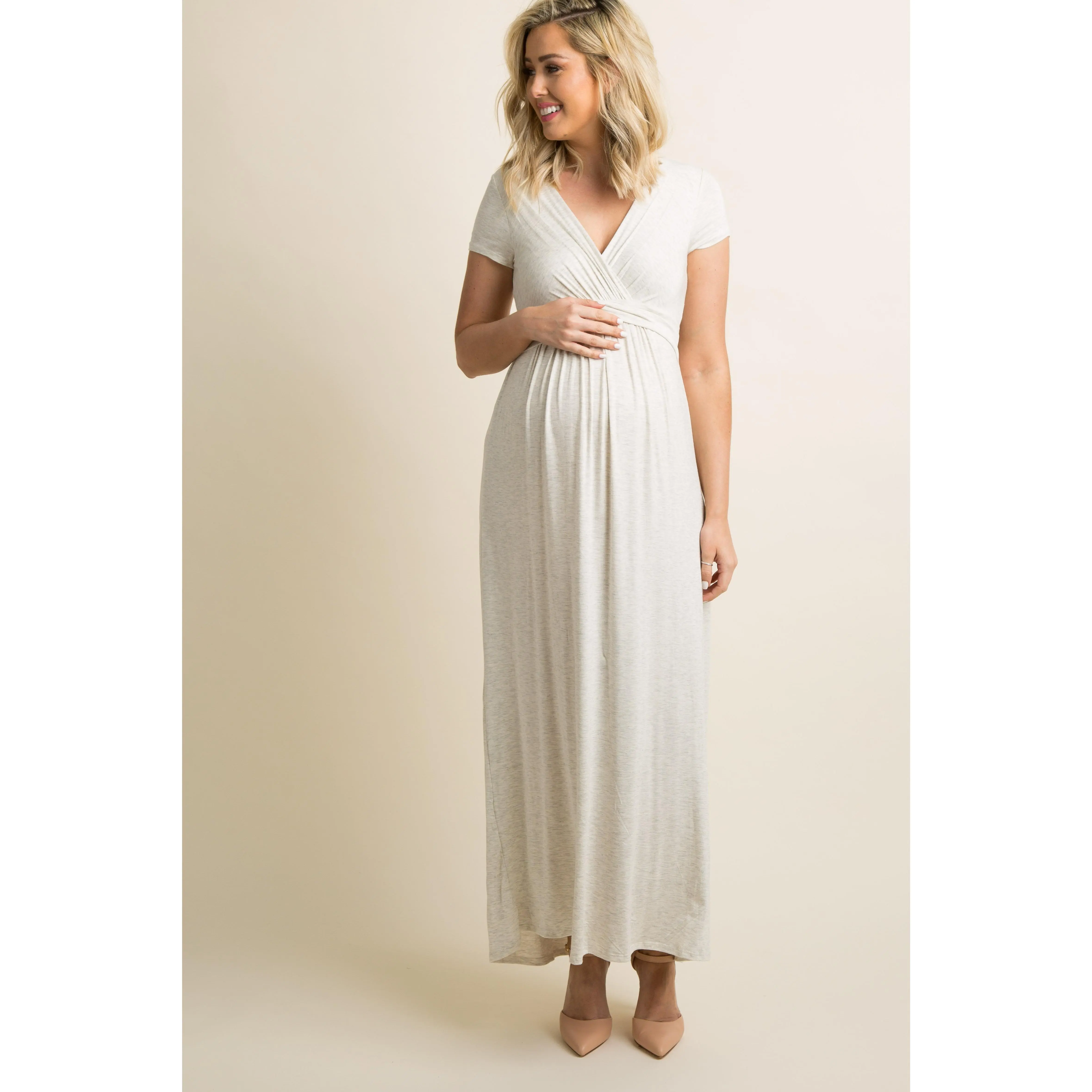 PinkBlush Beige Draped Maternity/Nursing Maxi Dress