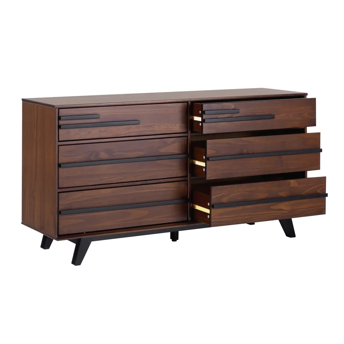 Walker Edison Modern Solid Pine 6-Drawer Dresser Chest, 31.25" H x 18.63" W x 60.25" L, 100 lbs Capacity, Anti-Tips, Walnut Finish, Unique Fronts, Assembly Required, Sturdy Indoor Cupboard for Living Room/Nursery, Clothing & Organization Furniture