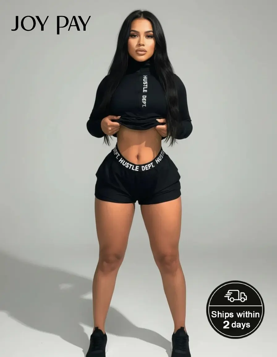 JOYPAY Women's 2-Piece Tracksuit, Fitted Zip Up Crop Hoodie and Pants Set with "Hustle Dept." Print for Workout and Lounging, Running, Two Piece Set, Polyester Fits