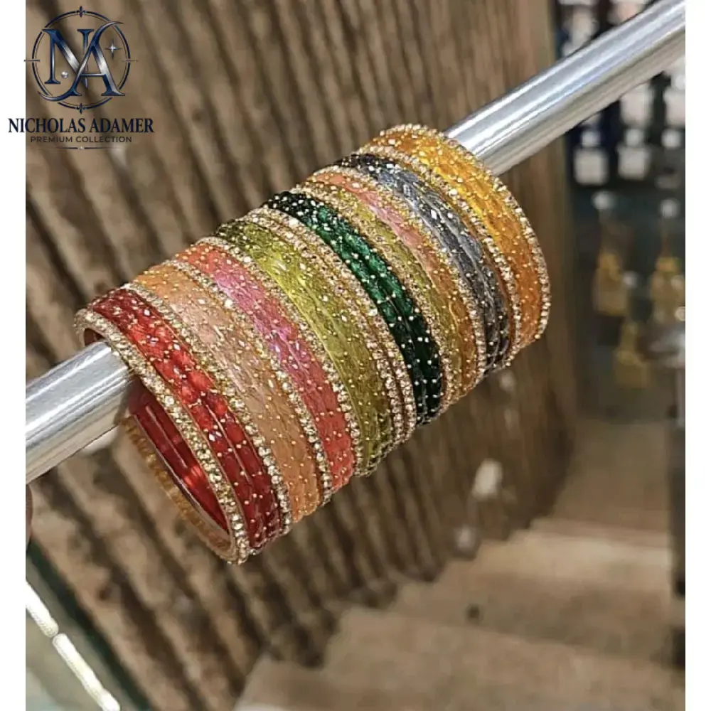 Women's Raindrop Design Glass Bangles Set - 26 Multicolor Pieces with Shimmering Gold Accents, Indian-Pakistani Semi-Bridal/Bridal Statement Bangles, Sizes Vary