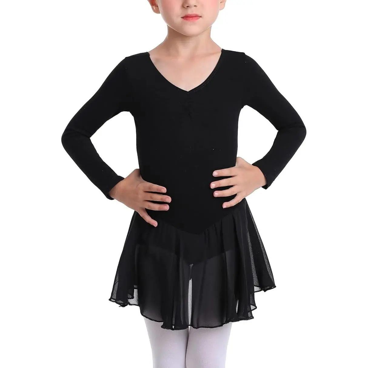 Toddler Girls' Ballet Dress, Long Sleeve Soft Stretch Cotton Leotard with Attached Skirt for Dance Class, Party & Daily Wear, Dance Active Dress, Skirts, Cotton Blend, Recovery, 8% Lycra Spandex