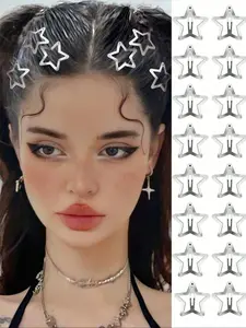 20 Star-Shaped Hair Clips, Y2K Style Plain Pattern Silver Color Metal Claw Clips, Fun Streetwear Accessories for Girls & Women, School Essentials, Hair Clips Set, Hair Claws Set