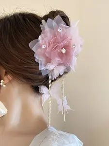 Acrylic Flower Mesh Rhinestone Butterfly Tassel Hair Clip, Elegant Women's Accessory, Perfect for Parties and Special Occasions