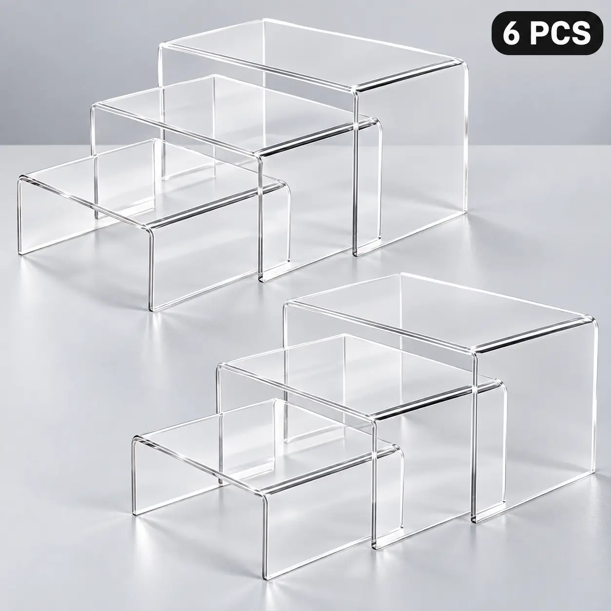 6 Pack Clear Acrylic Display Risers, 3 Sizes 3mm Thick Display Stands for Perfume, Collectibles, Figures, Desserts, Jewelry & Retail Display