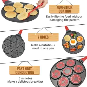 7-Cup Nonstick Pan for Omelettes and Pancakes with Animal Shape Mold Silicone Spatula Tongs and Oil Brush Fast Heat Conduction 10 Inch Diameter Durable Die-Cast Aluminum Cookware