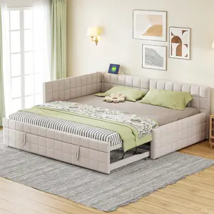 [SOIYELIFE] Full Size Upholstered L-Shaped Upholstered Daybed with Twin   Size Pop Up Trundle and USB ports, Beige Unique furniture