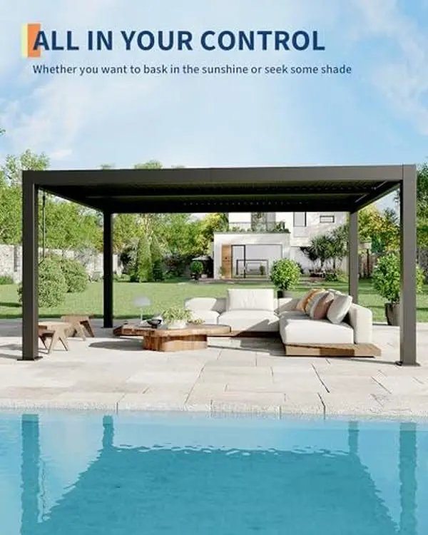 12x16ft Sturdy Gray All-Aluminium Outdoor Louvered Pergola - Corrosion-Resistant, Rustproof, Adjustable Louvered Roof, Pre-Drilled Reinforced Frame & Legs, Integrated Drainage System, Matte Finish, UV Prevention, Poolside Shelter, Assembly Required