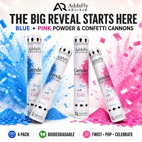 Eco-Friendly Biodegradable Gender Reveal Confetti & Powder Cannons (4-Pack) - Magical Minimal Mess Clean Burst, Multi-Color (Blue,Pink) Non-Floral Sprays, Party Supplies, Home Party Supplies for Birthday Baby Shower
