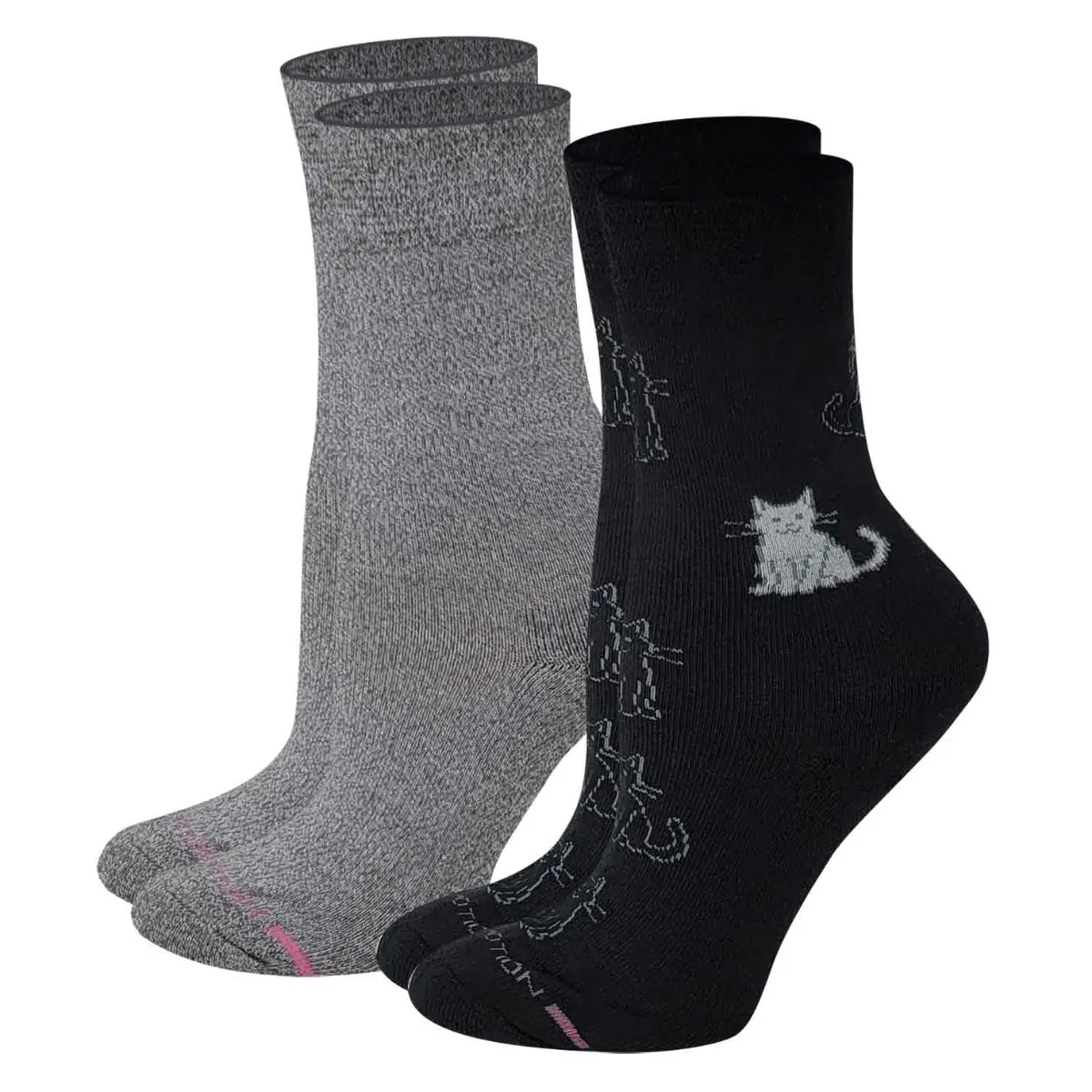 Dr. Motion Women's Comfortable Compression Diabetic Crew Socks, 2-Pack, Cute Kittens Design, Half-Cushion, Breathable Cotton-Polyester-Spandex-Nylon Yarn, Smooth Fabric for Everyday Leg Wear, Extended Standing, Soft, Diabetic Feet