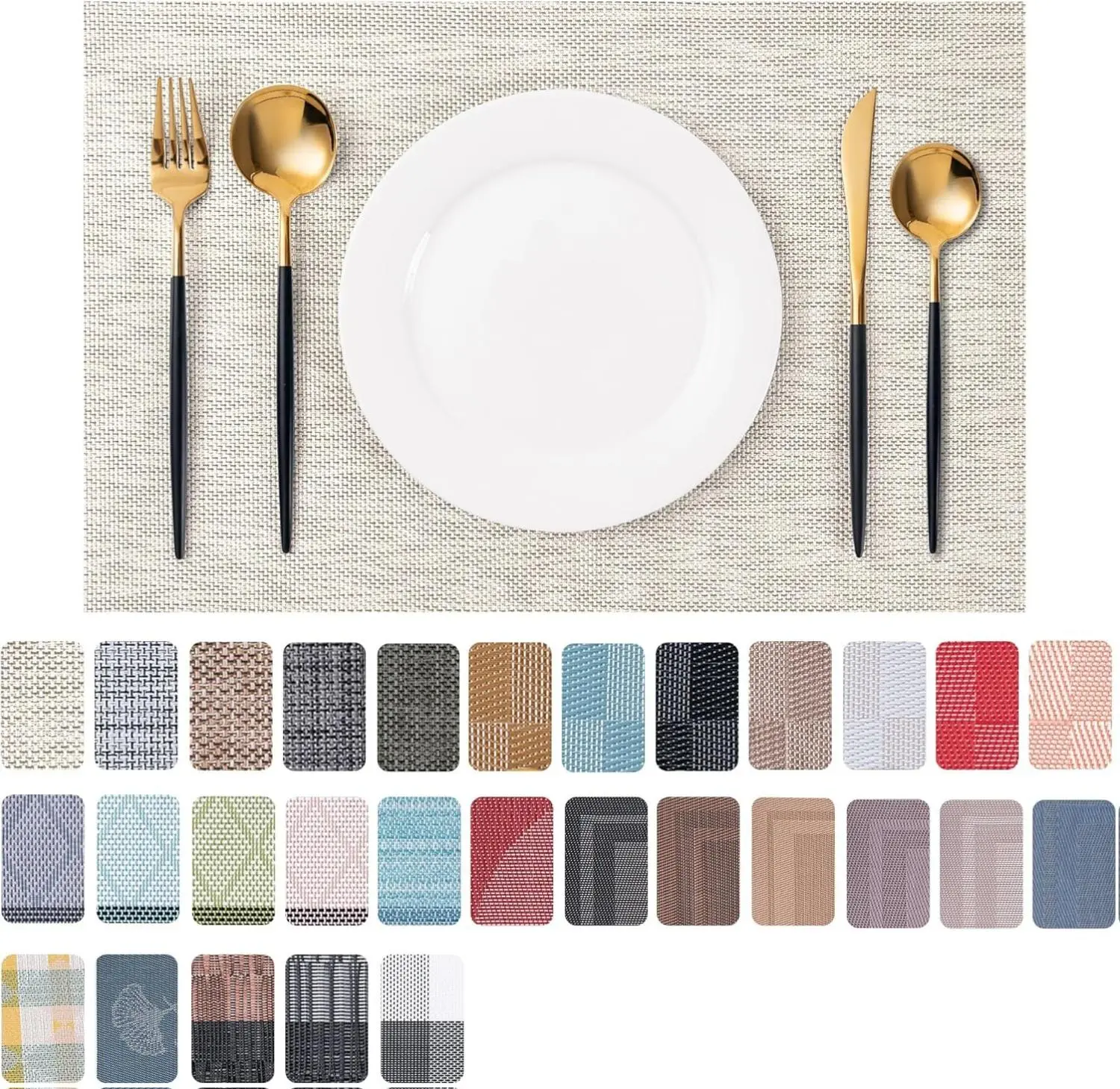 Beige Rectangle Reusable Eco-Friendly Placemats & Coasters Set of 4, Woven Vinyl PVC Tableware, Non-Slip Heat-Resistant Waterproof, Gentle Wash for Dining Hall Full Dinner Setting Indoor-Outdoor Use